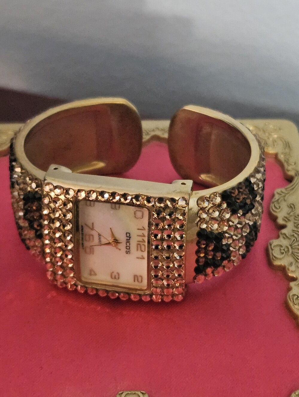Chico's Gold-Tone Crystal Cuff Watch with Black Crystal Accents